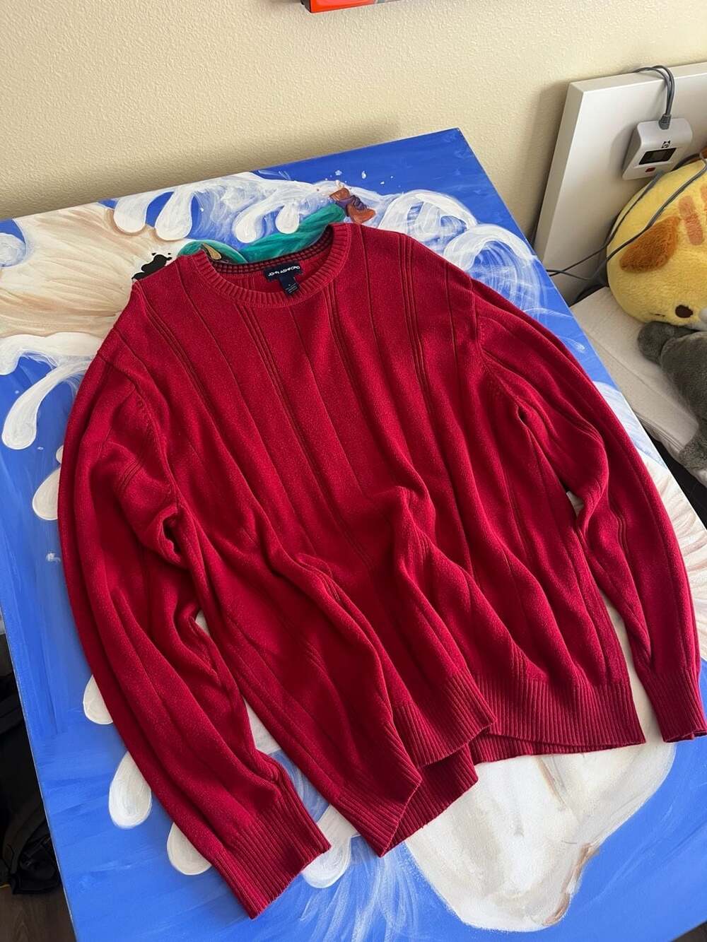 John Ashford Men's Red Ribbed Crew Neck Cotton Sweater Size Large